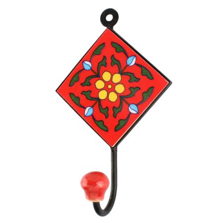 Red With Forest Green Leaf Ceramic Floral Tile Hook